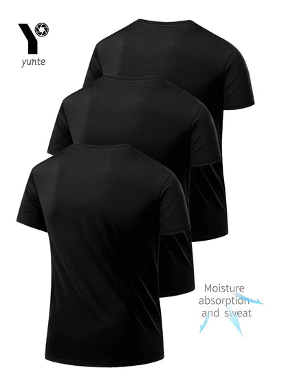 Round Neck T-Shirt 3-Piece Black Ultra-Light Men'S Quick-Drying Breathable Sweat-Absorbent Shirt Suitable for Fitness Gym and Ru